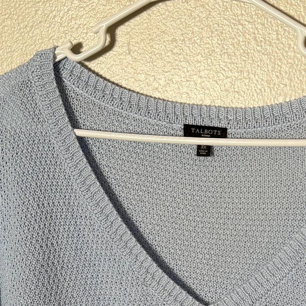 Talbots Light Blue V-Neck Fringed Women's Sweater Size 3X Coastal Grandma - Picture 2 of 3